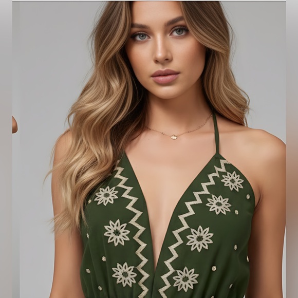 Boho Floral Embroidered Deep V-Neck Dress Green - Picture 2 of 10